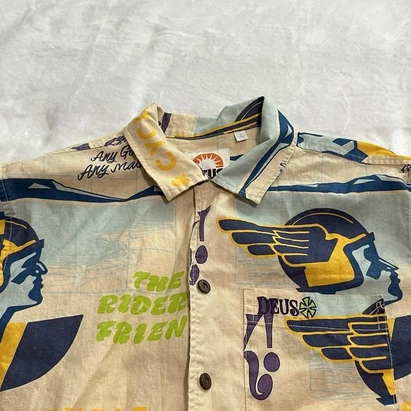 Deus Ex Machina Customs Super OK Hawaiian Shirt Riders Hemp Men's Size Small S - Picture 2 of 14